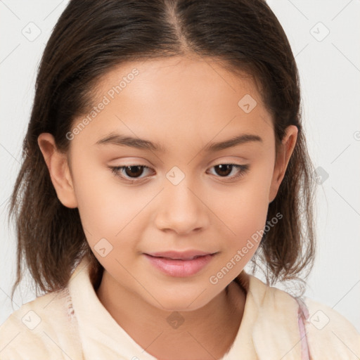 Joyful white child female with medium  brown hair and brown eyes