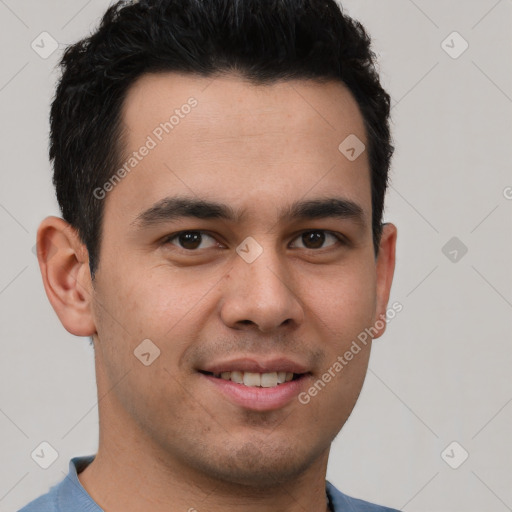 Joyful latino young-adult male with short  brown hair and brown eyes