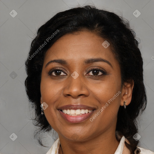 Joyful latino young-adult female with medium  black hair and brown eyes