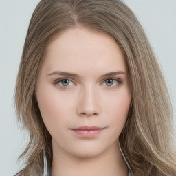 Neutral white young-adult female with long  brown hair and blue eyes