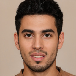 Neutral white young-adult male with short  black hair and brown eyes
