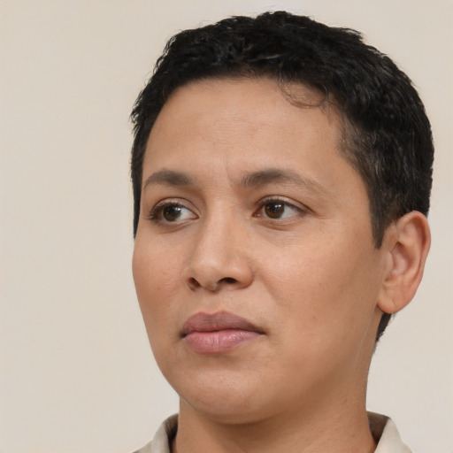 Neutral latino young-adult female with short  brown hair and brown eyes