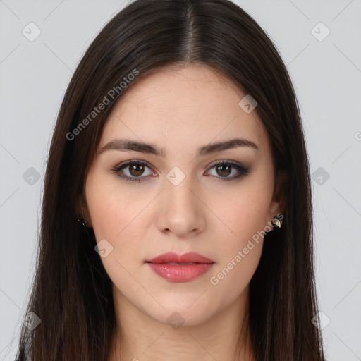 Neutral white young-adult female with long  brown hair and brown eyes