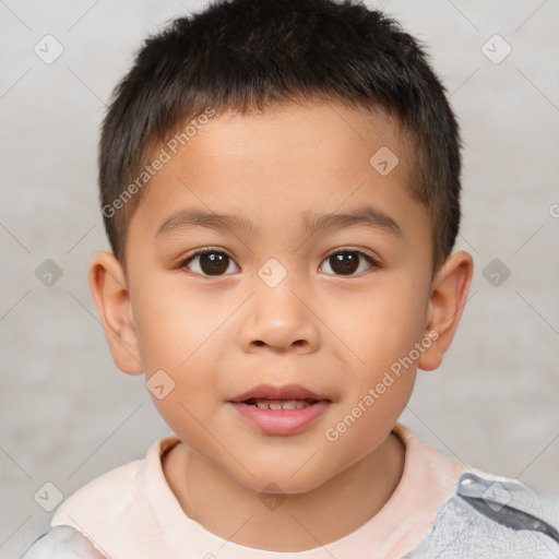 Joyful white child male with short  brown hair and brown eyes