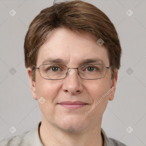 Joyful white adult male with short  brown hair and grey eyes