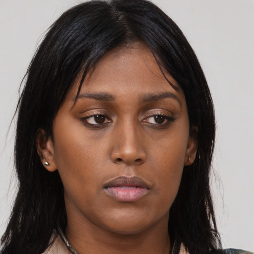 Neutral asian young-adult female with long  black hair and brown eyes