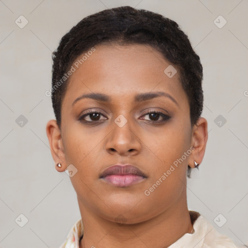 Neutral black young-adult female with short  brown hair and brown eyes