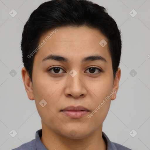 Joyful latino young-adult female with short  brown hair and brown eyes