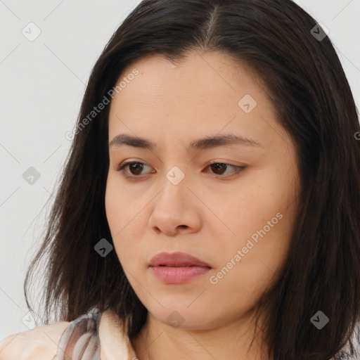 Neutral white young-adult female with long  brown hair and brown eyes