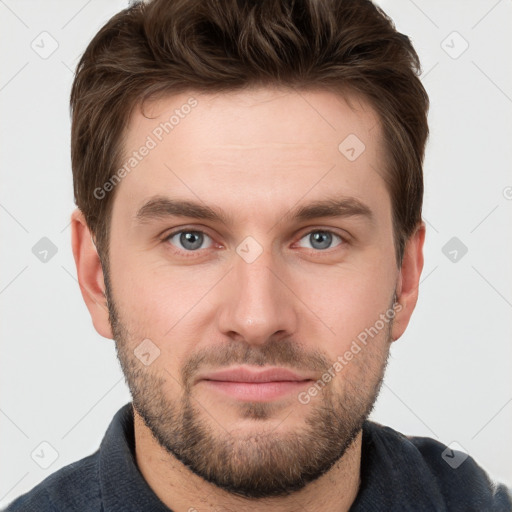 Neutral white young-adult male with short  brown hair and grey eyes