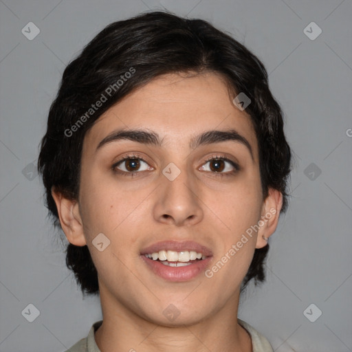 Joyful white young-adult female with medium  brown hair and brown eyes