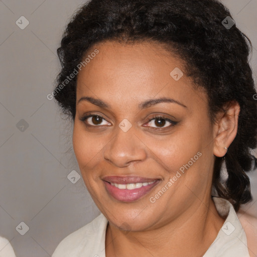 Joyful black young-adult female with medium  brown hair and brown eyes