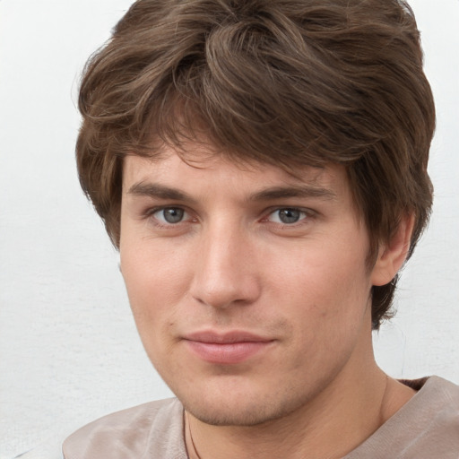 Neutral white young-adult male with short  brown hair and grey eyes