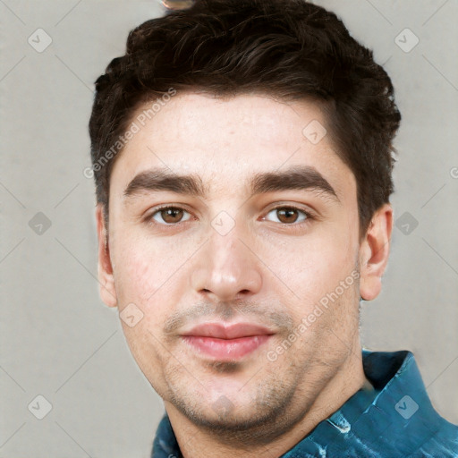 Neutral white young-adult male with short  brown hair and grey eyes