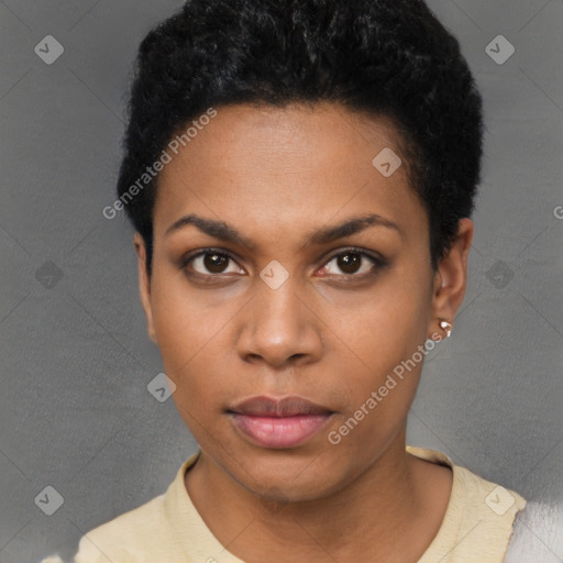 Neutral black young-adult female with short  black hair and brown eyes