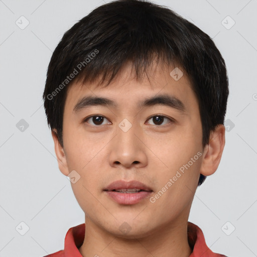 Neutral asian young-adult male with short  black hair and brown eyes