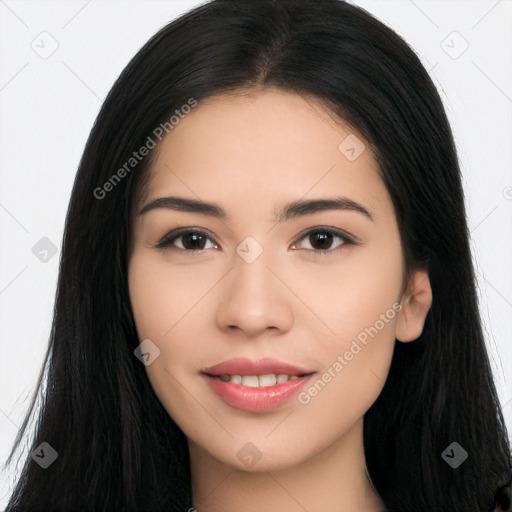 Joyful asian young-adult female with long  black hair and brown eyes