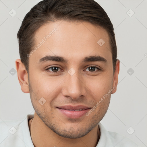 Joyful white young-adult male with short  brown hair and brown eyes