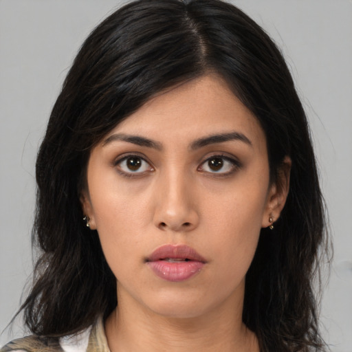 Neutral asian young-adult female with long  black hair and brown eyes