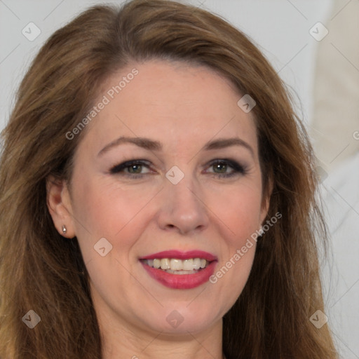 Joyful white adult female with long  brown hair and brown eyes