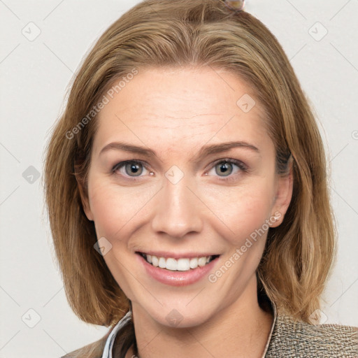 Joyful white young-adult female with medium  brown hair and blue eyes