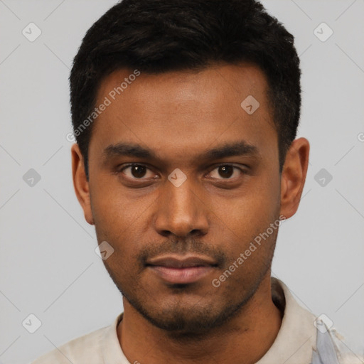 Neutral latino young-adult male with short  black hair and brown eyes