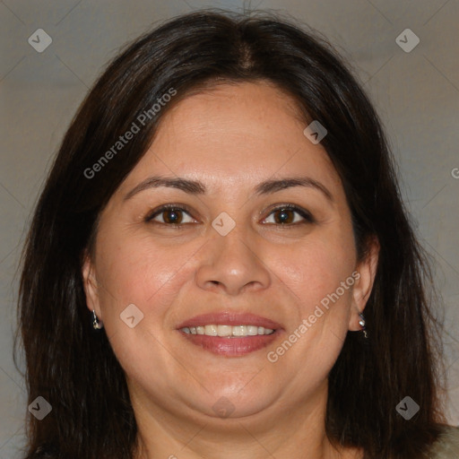 Joyful white adult female with medium  brown hair and brown eyes