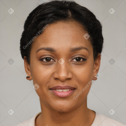 Joyful latino young-adult female with short  black hair and brown eyes