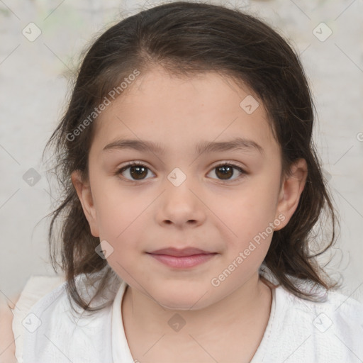 Joyful white child female with medium  brown hair and brown eyes