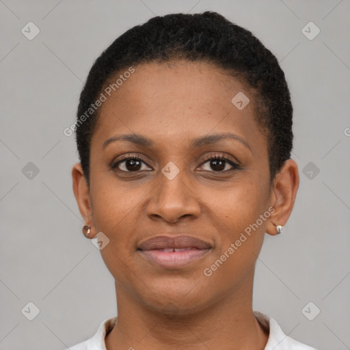 Joyful latino young-adult female with short  brown hair and brown eyes