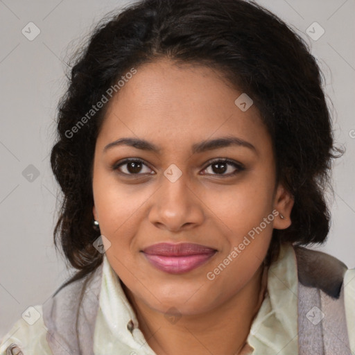 Joyful black young-adult female with medium  brown hair and brown eyes