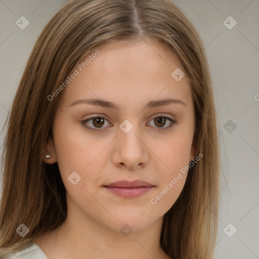 Neutral white young-adult female with long  brown hair and brown eyes