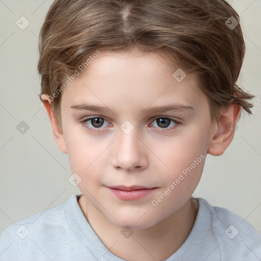 Joyful white child female with short  brown hair and brown eyes