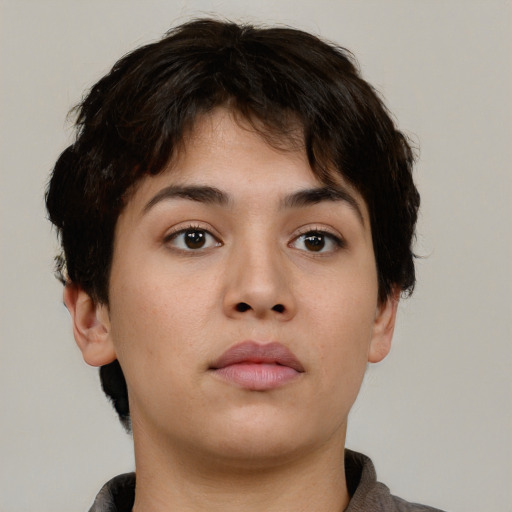 Neutral asian young-adult female with short  brown hair and brown eyes