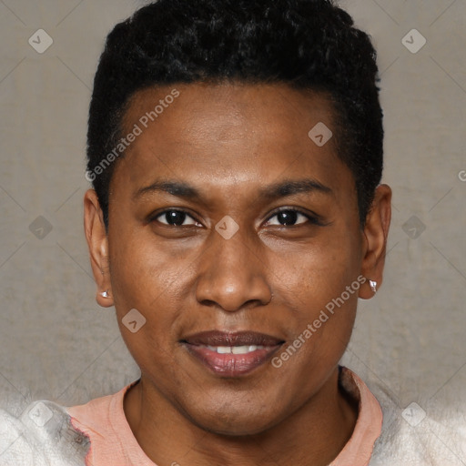 Joyful black young-adult male with short  black hair and brown eyes