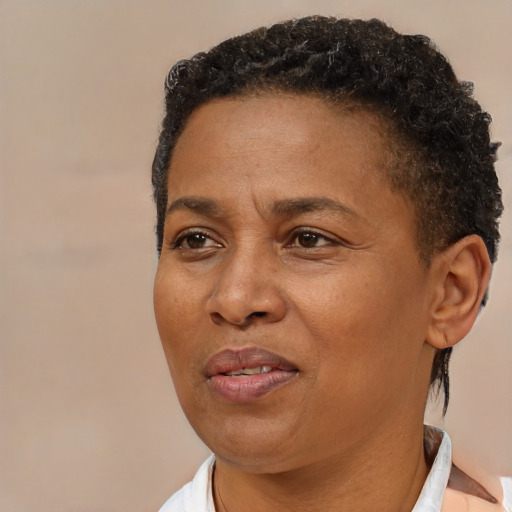 Joyful black adult female with short  brown hair and brown eyes