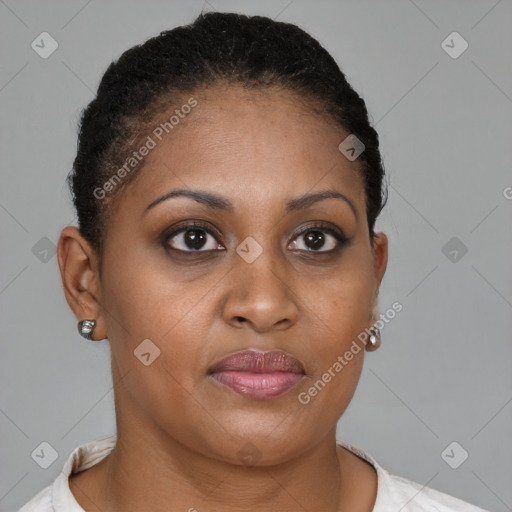 Joyful black young-adult female with short  brown hair and brown eyes