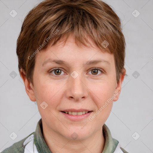 Joyful white young-adult female with short  brown hair and grey eyes