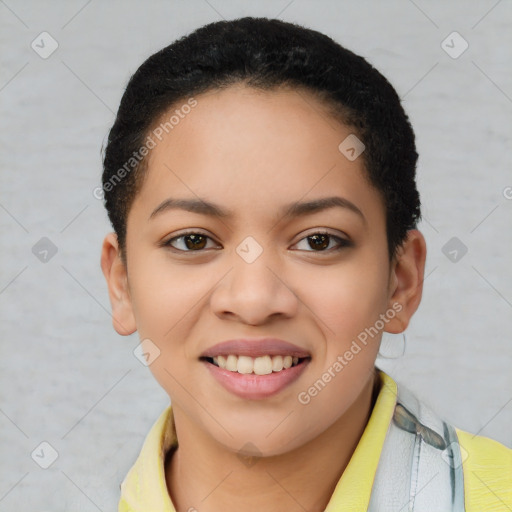 Joyful latino young-adult female with short  brown hair and brown eyes