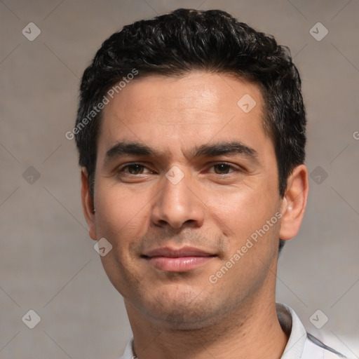 Joyful white young-adult male with short  black hair and brown eyes