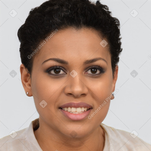 Joyful latino young-adult female with short  brown hair and brown eyes