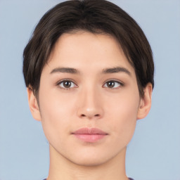 Neutral white young-adult female with short  brown hair and brown eyes