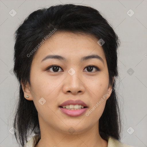 Joyful asian young-adult female with medium  black hair and brown eyes