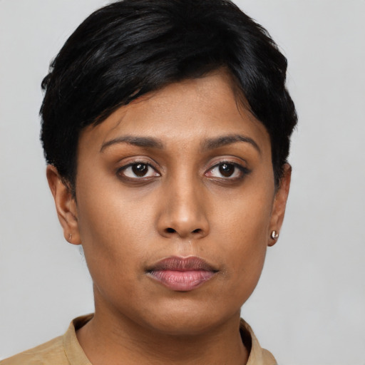 Neutral asian young-adult female with short  black hair and brown eyes