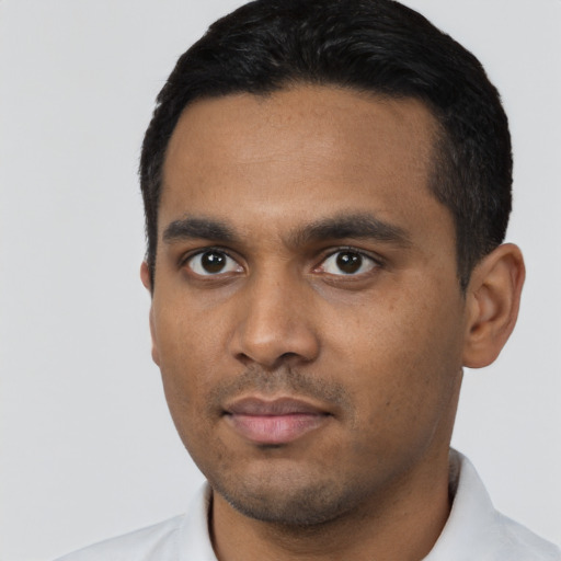 Neutral latino young-adult male with short  black hair and brown eyes