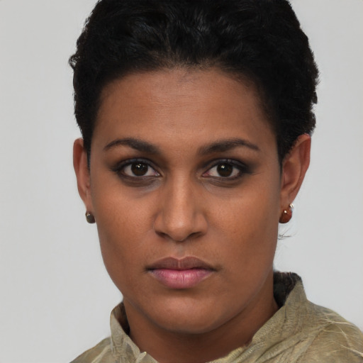 Neutral black young-adult female with short  black hair and brown eyes