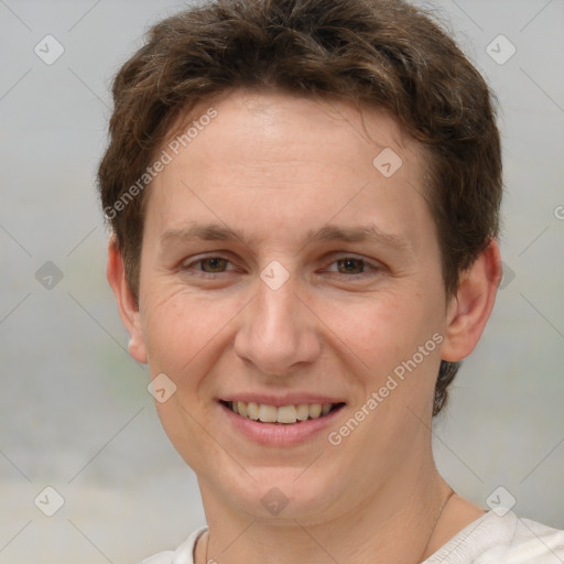 Joyful white adult female with short  brown hair and brown eyes