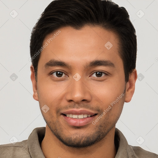 Joyful white young-adult male with short  brown hair and brown eyes