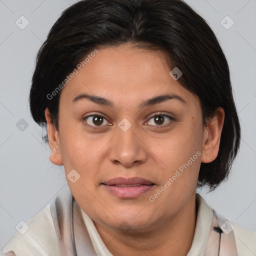 Joyful white young-adult female with medium  brown hair and brown eyes