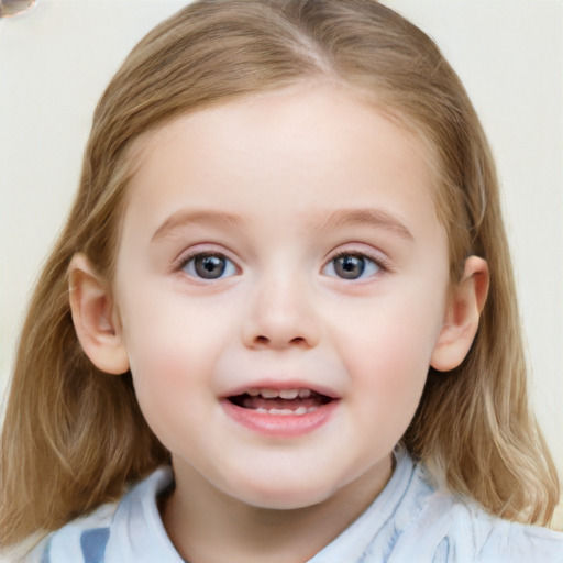 Joyful white child female with medium  brown hair and blue eyes